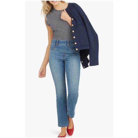 Spanx Women’s Sz XL High Rise Pull On Straight Leg Jeans Medium Wash Denim - Picture 1 of 15